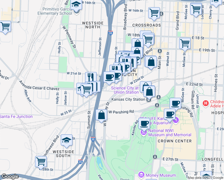 map of restaurants, bars, coffee shops, grocery stores, and more near 2139 Washington Street in Kansas City