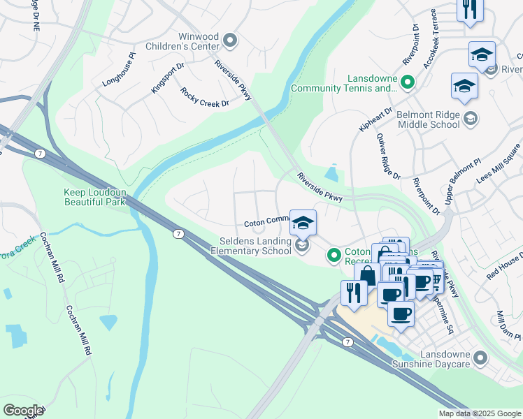 map of restaurants, bars, coffee shops, grocery stores, and more near 19126 Moselle Way in Leesburg