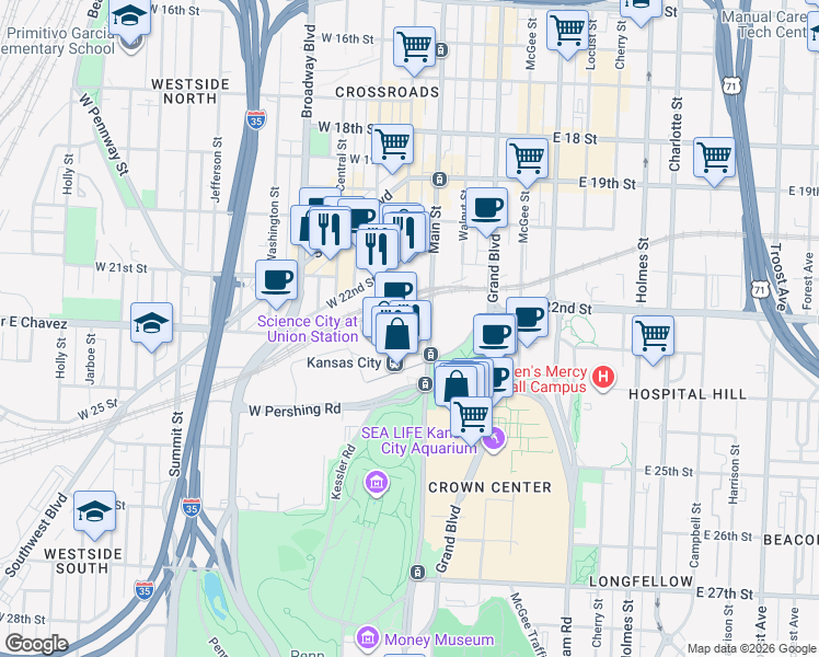 map of restaurants, bars, coffee shops, grocery stores, and more near 2300 Main Street in Kansas City