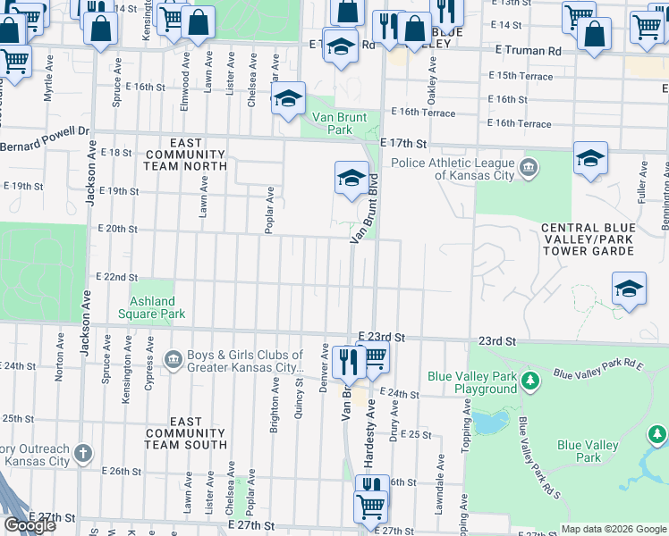 map of restaurants, bars, coffee shops, grocery stores, and more near 2040 Denver Avenue in Kansas City