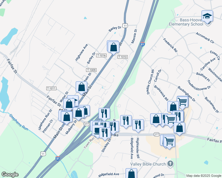 map of restaurants, bars, coffee shops, grocery stores, and more near 5220 Pan Tops Drive in Stephens City