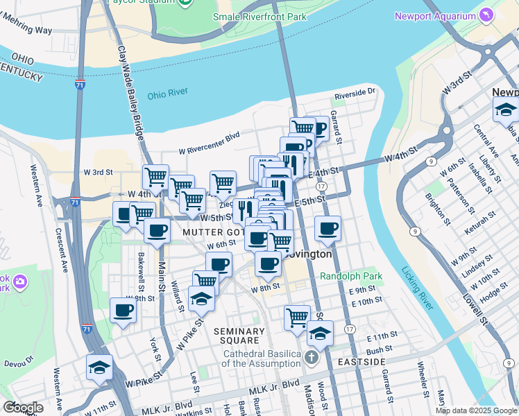 map of restaurants, bars, coffee shops, grocery stores, and more near 15 West 5th Street in Covington