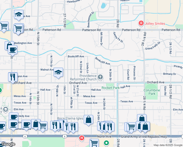 map of restaurants, bars, coffee shops, grocery stores, and more near Pinyon Avenue in Grand Junction