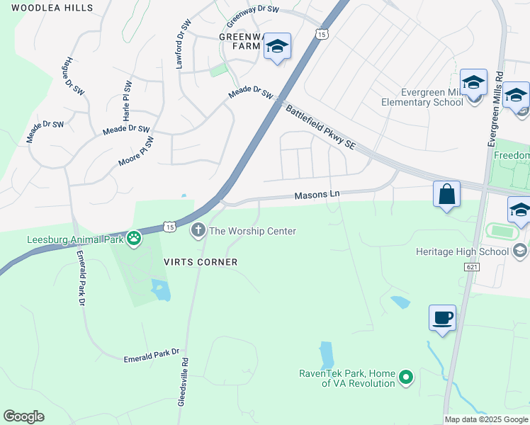 map of restaurants, bars, coffee shops, grocery stores, and more near 19186 Charandy Drive in Leesburg