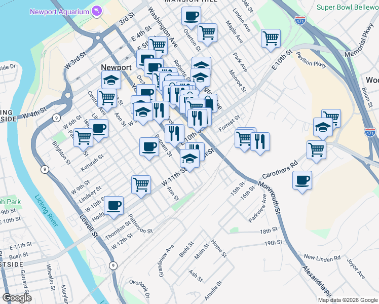 map of restaurants, bars, coffee shops, grocery stores, and more near 16 U.S. 27 in Newport