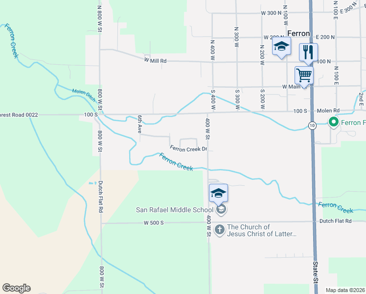 map of restaurants, bars, coffee shops, grocery stores, and more near 525 Ferron Creek Drive in Ferron