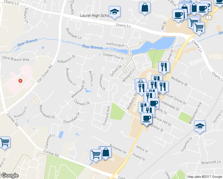 map of restaurants, bars, coffee shops, grocery stores, and more near 14054 Vista Drive in Laurel