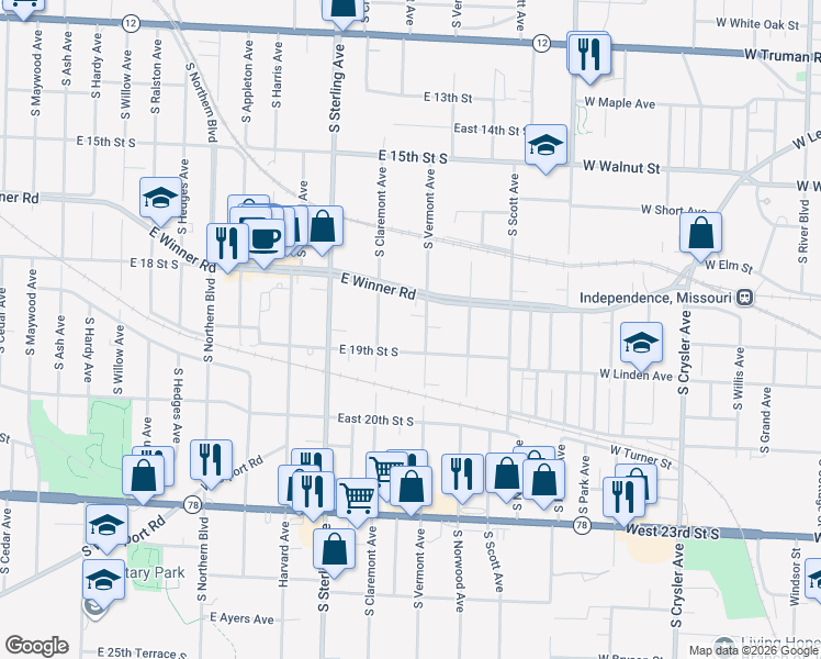 map of restaurants, bars, coffee shops, grocery stores, and more near 11322 East 19th Street South in Independence