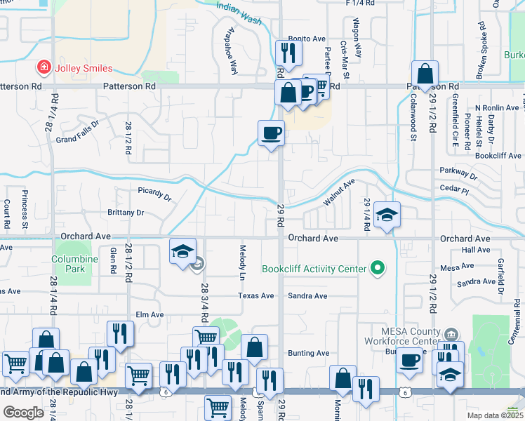 map of restaurants, bars, coffee shops, grocery stores, and more near 2896 Pinyon Avenue in Grand Junction