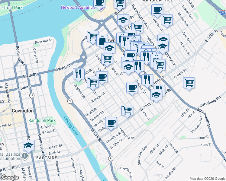 map of restaurants, bars, coffee shops, grocery stores, and more near 218 West 9th Street in Newport