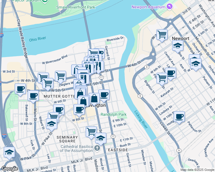 map of restaurants, bars, coffee shops, grocery stores, and more near 526 Greenup Street in Covington
