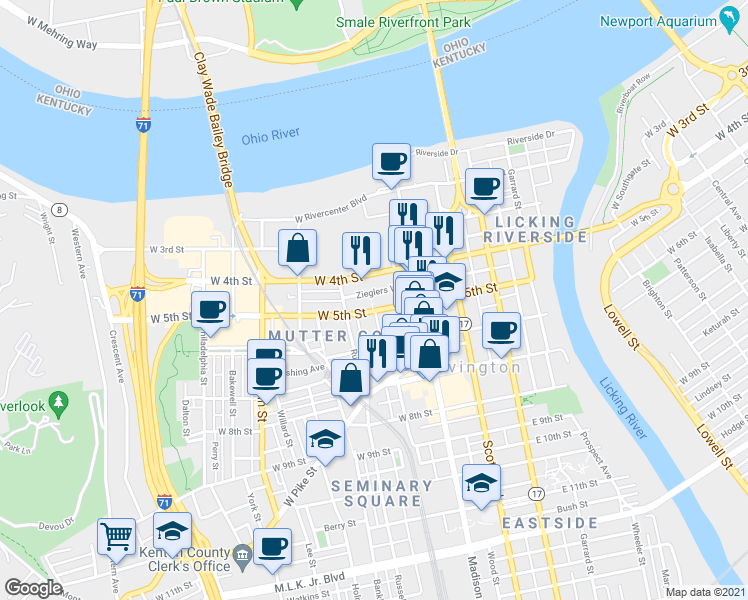map of restaurants, bars, coffee shops, grocery stores, and more near 108 West 5th Street in Covington