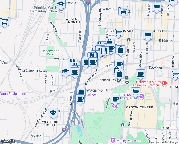 map of restaurants, bars, coffee shops, grocery stores, and more near 2139 Washington Street in Kansas City