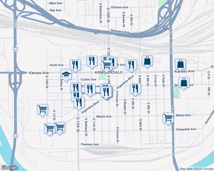 map of restaurants, bars, coffee shops, grocery stores, and more near 701 South 10th Street in Kansas City