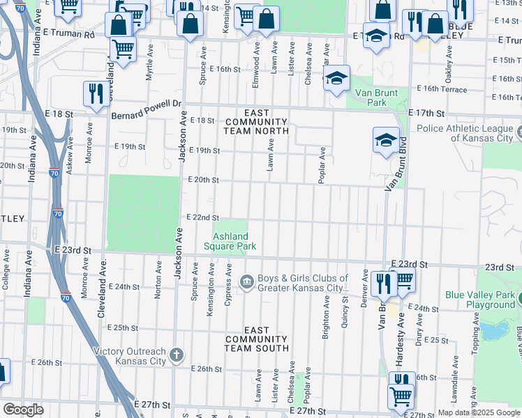 map of restaurants, bars, coffee shops, grocery stores, and more near 2044 Lawn Avenue in Kansas City
