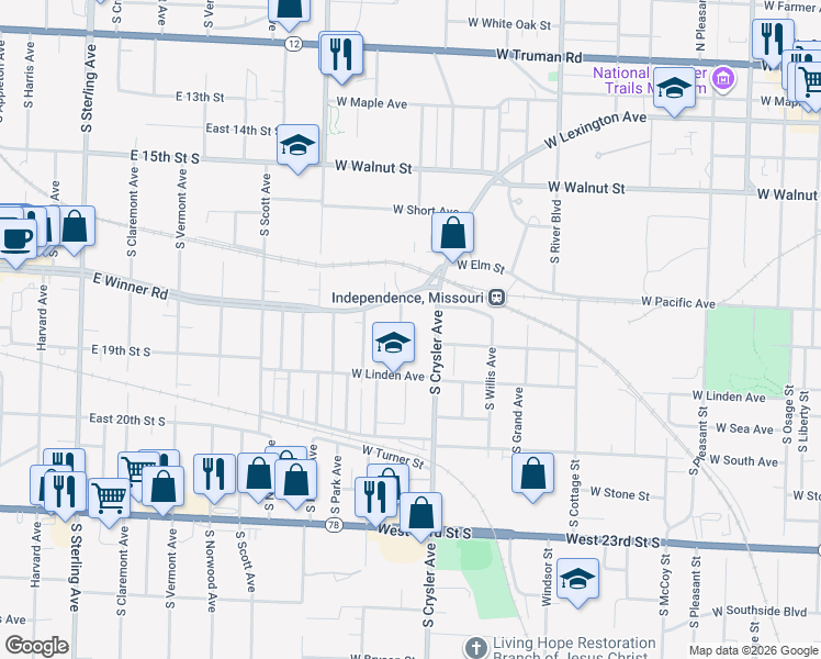 map of restaurants, bars, coffee shops, grocery stores, and more near 700 South Crysler Avenue in Independence