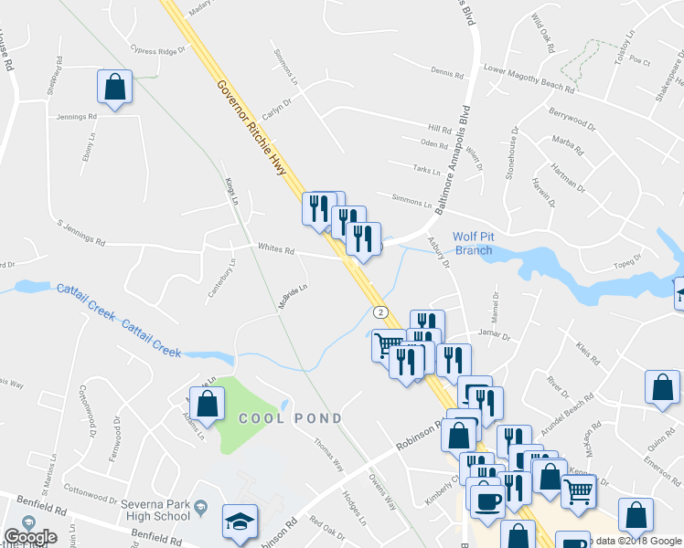 map of restaurants, bars, coffee shops, grocery stores, and more near 1 Whites Road in Severna Park