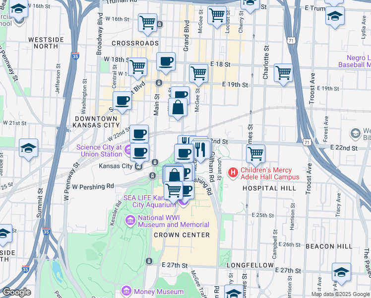 map of restaurants, bars, coffee shops, grocery stores, and more near 2323 Grand Boulevard in Kansas City