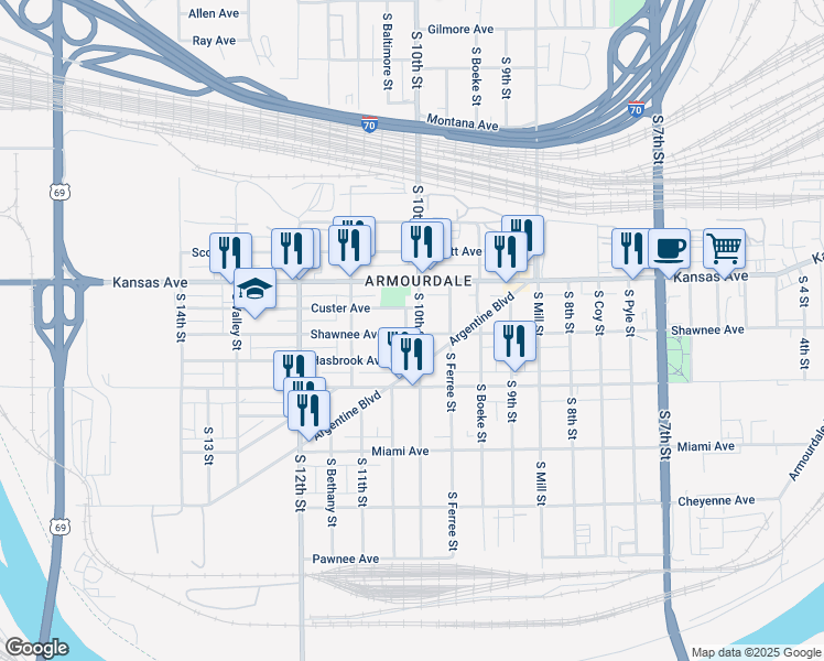 map of restaurants, bars, coffee shops, grocery stores, and more near 701 South 10th Street in Kansas City