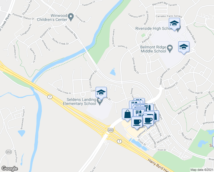 map of restaurants, bars, coffee shops, grocery stores, and more near 43369 Spring Cellar Court in Leesburg