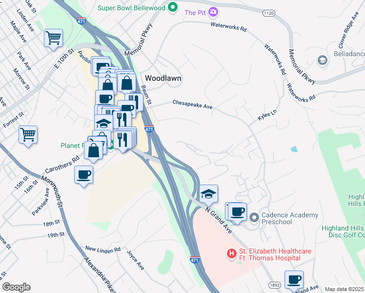 map of restaurants, bars, coffee shops, grocery stores, and more near 3002 Nob Hill Drive in Fort Thomas