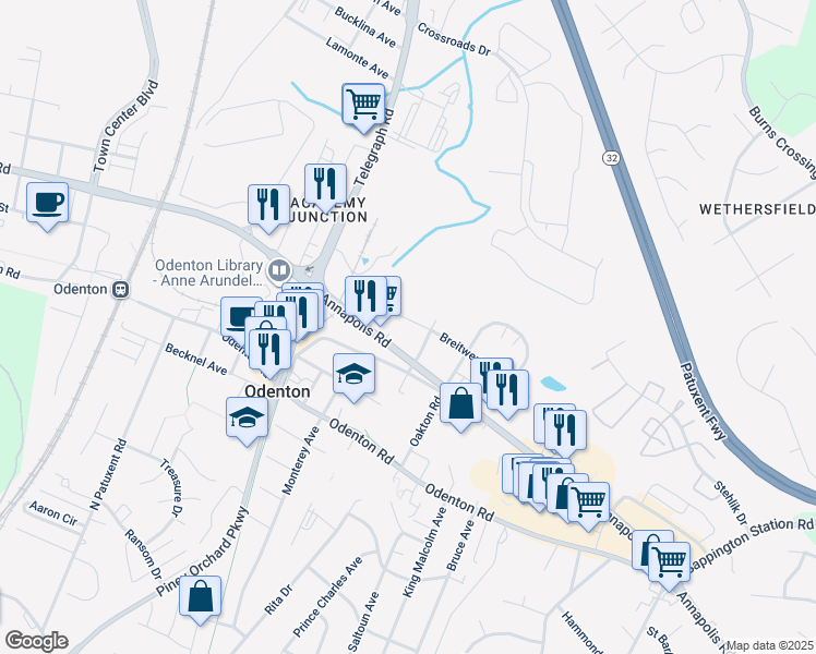 map of restaurants, bars, coffee shops, grocery stores, and more near 1243 Breitwert Avenue in Odenton