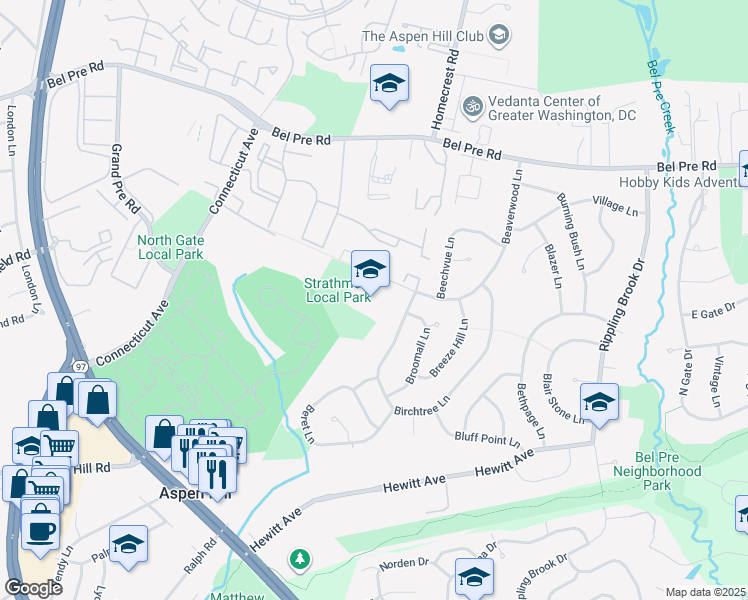 map of restaurants, bars, coffee shops, grocery stores, and more near 3200 Beaverwood Lane in Silver Spring
