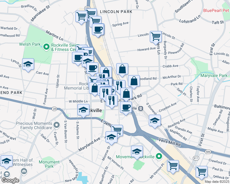 map of restaurants, bars, coffee shops, grocery stores, and more near in Rockville