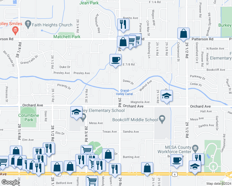 map of restaurants, bars, coffee shops, grocery stores, and more near 2896 Pinyon Avenue in Grand Junction