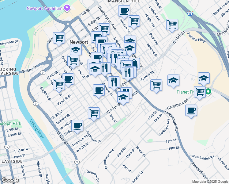 map of restaurants, bars, coffee shops, grocery stores, and more near 1020 York Street in Newport