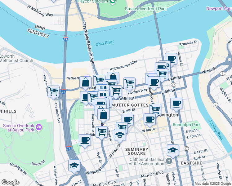 map of restaurants, bars, coffee shops, grocery stores, and more near 433 Johnson Street in Covington