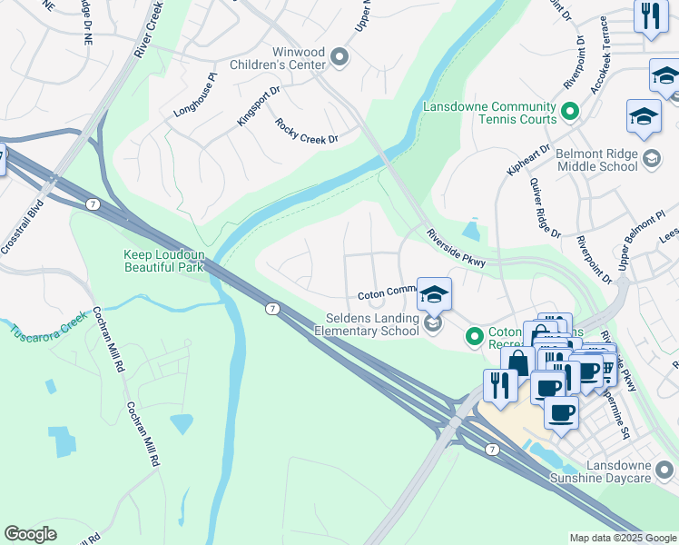 map of restaurants, bars, coffee shops, grocery stores, and more near 19127 Dalton Points Place in Leesburg