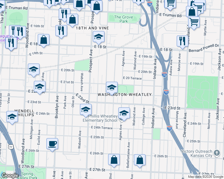 map of restaurants, bars, coffee shops, grocery stores, and more near 2127 Benton Boulevard in Kansas City