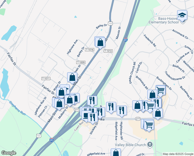 map of restaurants, bars, coffee shops, grocery stores, and more near 5206 Pan Tops Drive in Stephens City