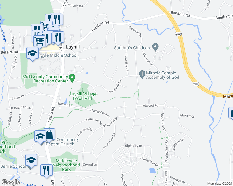 map of restaurants, bars, coffee shops, grocery stores, and more near 1608 Woodwell Road in Silver Spring