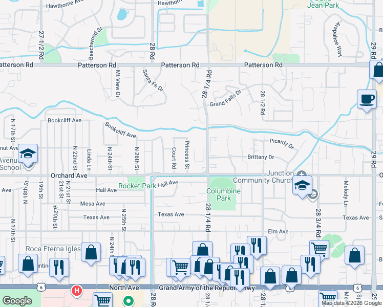 map of restaurants, bars, coffee shops, grocery stores, and more near 564 Princess Street in Grand Junction