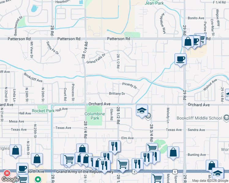map of restaurants, bars, coffee shops, grocery stores, and more near 555 28 1/2 Road in Grand Junction