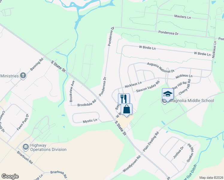 map of restaurants, bars, coffee shops, grocery stores, and more near 171 Bay Hill Lane in Magnolia