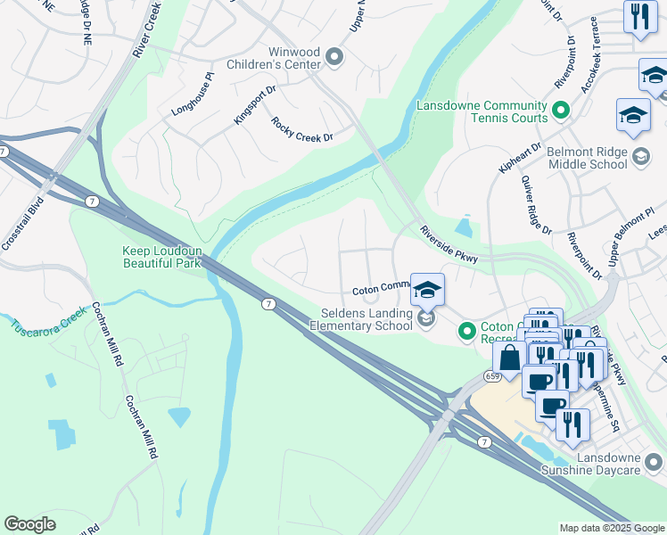 map of restaurants, bars, coffee shops, grocery stores, and more near 19127 Dalton Points Place in Leesburg
