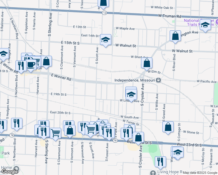 map of restaurants, bars, coffee shops, grocery stores, and more near 1825 South Vassar Avenue in Independence