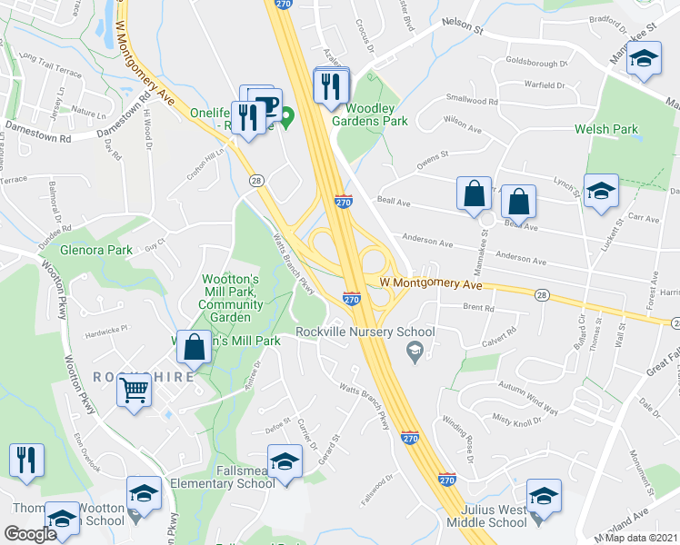 map of restaurants, bars, coffee shops, grocery stores, and more near 814 West Montgomery Avenue in Rockville