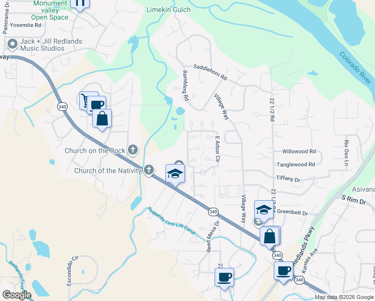 map of restaurants, bars, coffee shops, grocery stores, and more near West Arbor Circle in Grand Junction