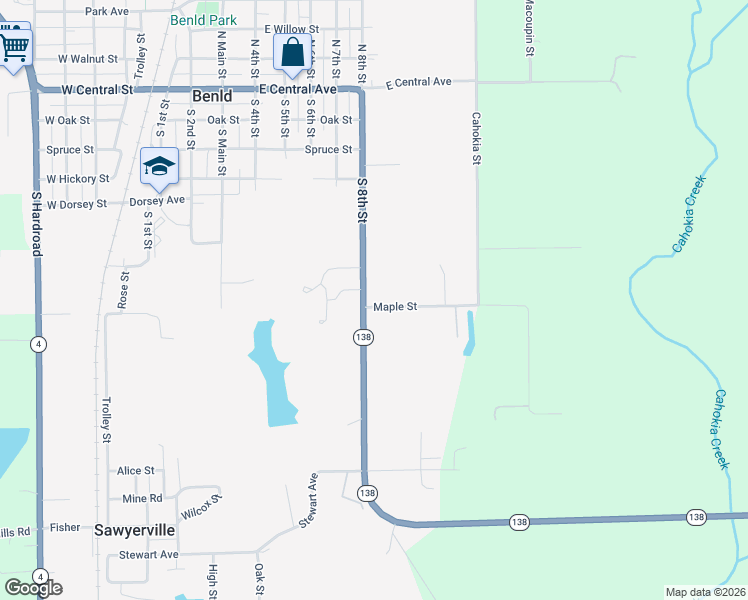 map of restaurants, bars, coffee shops, grocery stores, and more near Highway 138 in Benld