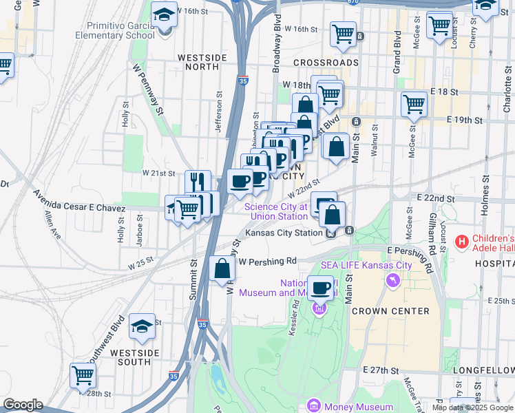 map of restaurants, bars, coffee shops, grocery stores, and more near 2139 Washington Street in Kansas City