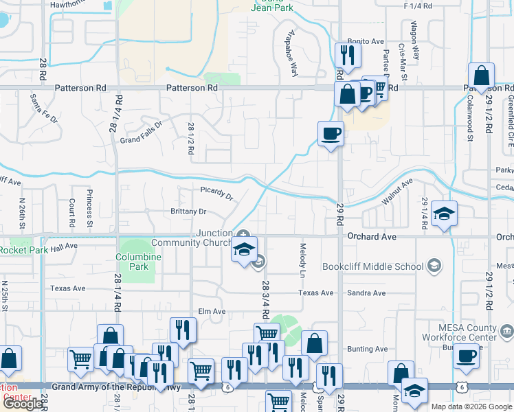 map of restaurants, bars, coffee shops, grocery stores, and more near Pinyon Avenue in Grand Junction