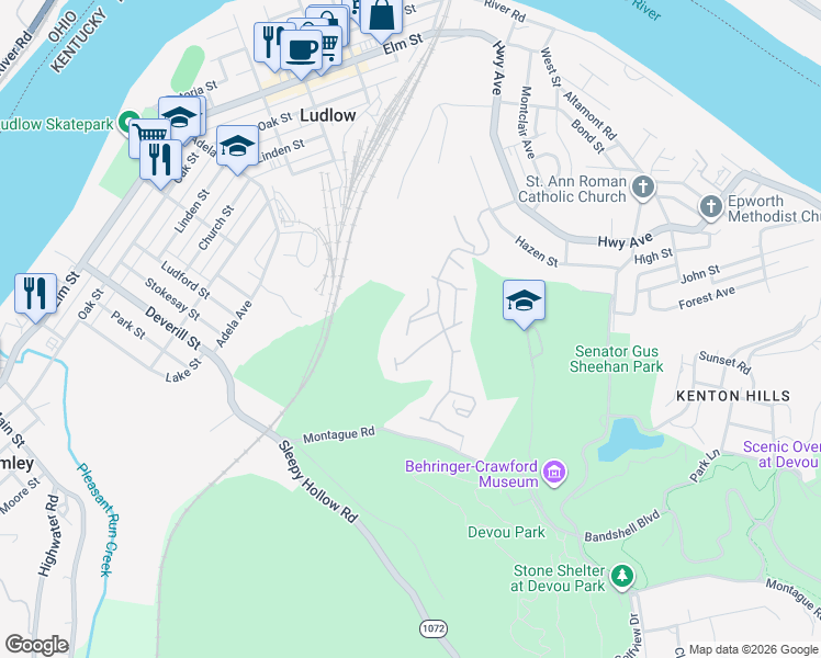 map of restaurants, bars, coffee shops, grocery stores, and more near 344 Riverbend Drive in Ludlow
