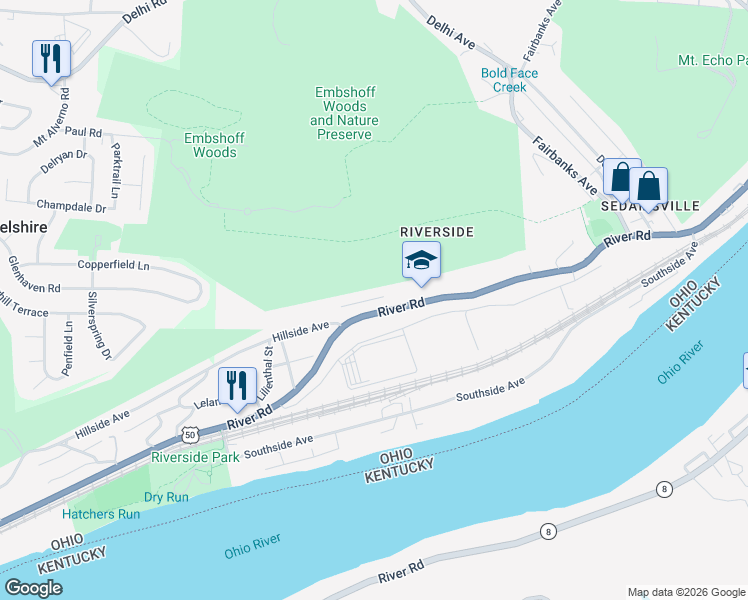 map of restaurants, bars, coffee shops, grocery stores, and more near 3324 Ohio River Scenic Byway in Cincinnati