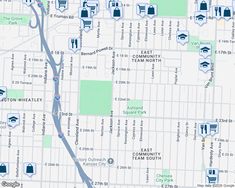 map of restaurants, bars, coffee shops, grocery stores, and more near 2044 Spruce Avenue in Kansas City