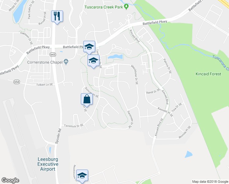 map of restaurants, bars, coffee shops, grocery stores, and more near 643 McLeary Square Southeast in Leesburg
