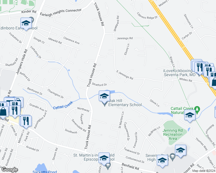 map of restaurants, bars, coffee shops, grocery stores, and more near 69 Stratford Drive in Severna Park